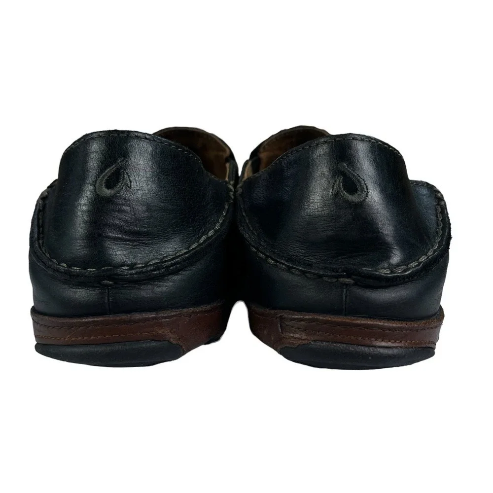 Olukai Maloa Loafers Mens 9.5 Black Leather Back Drop Heels‎ Shoes